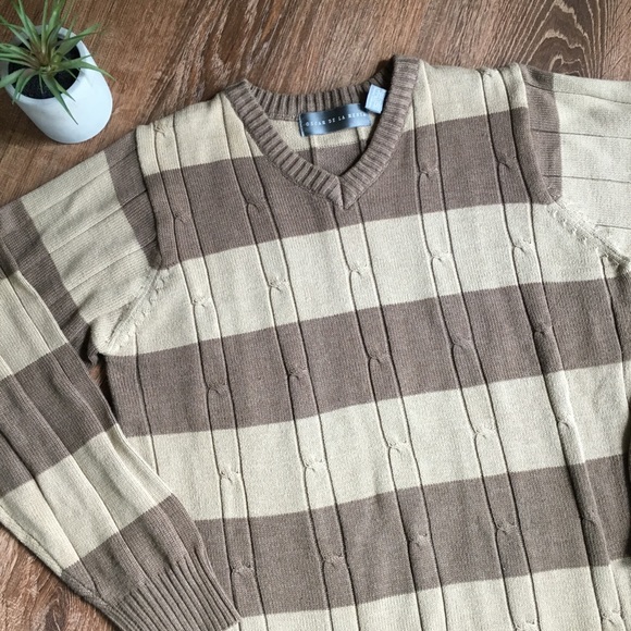 Oscar De La Renta Tan Striped Cable Knit Sweater M - Picture 2 of 4
